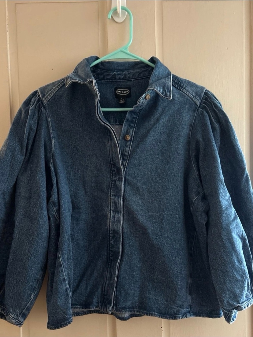 Scoop Denim Puff-Sleeve Jacket in Dark Blue